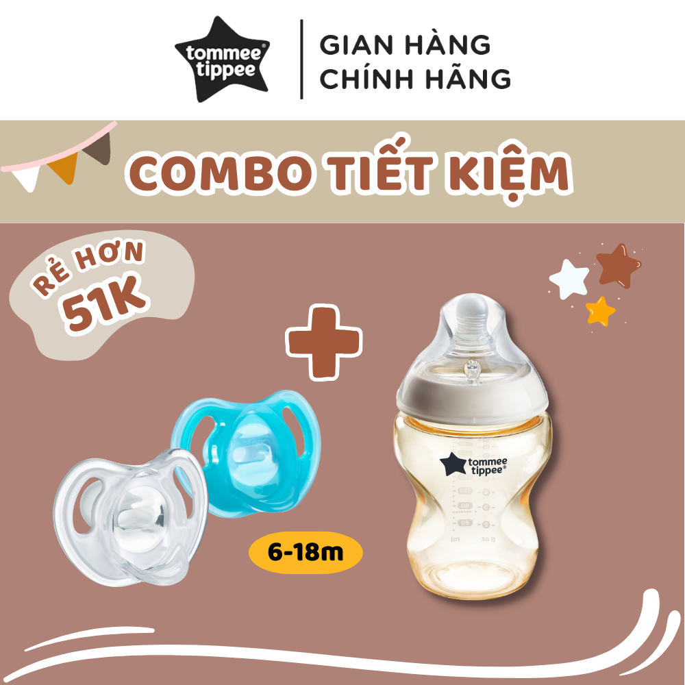 Combo ty ngậm silicon siêu nhẹ tommee tippee ultra light 6-18m & bình sữa ppsu ty siêu mềm tommee tippee 260ml