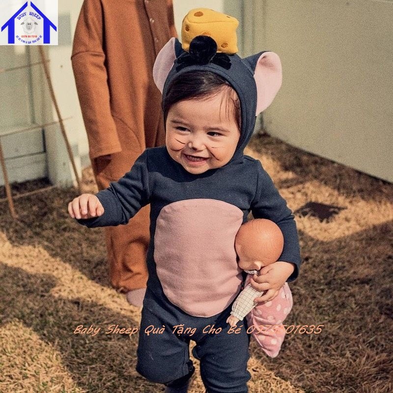 Body Chuột Jerry Mũ trùm đầu gắn Quả bông Phô mai cực kute dễ thương vải co giãn mềm mịn cho bé 4-15kg