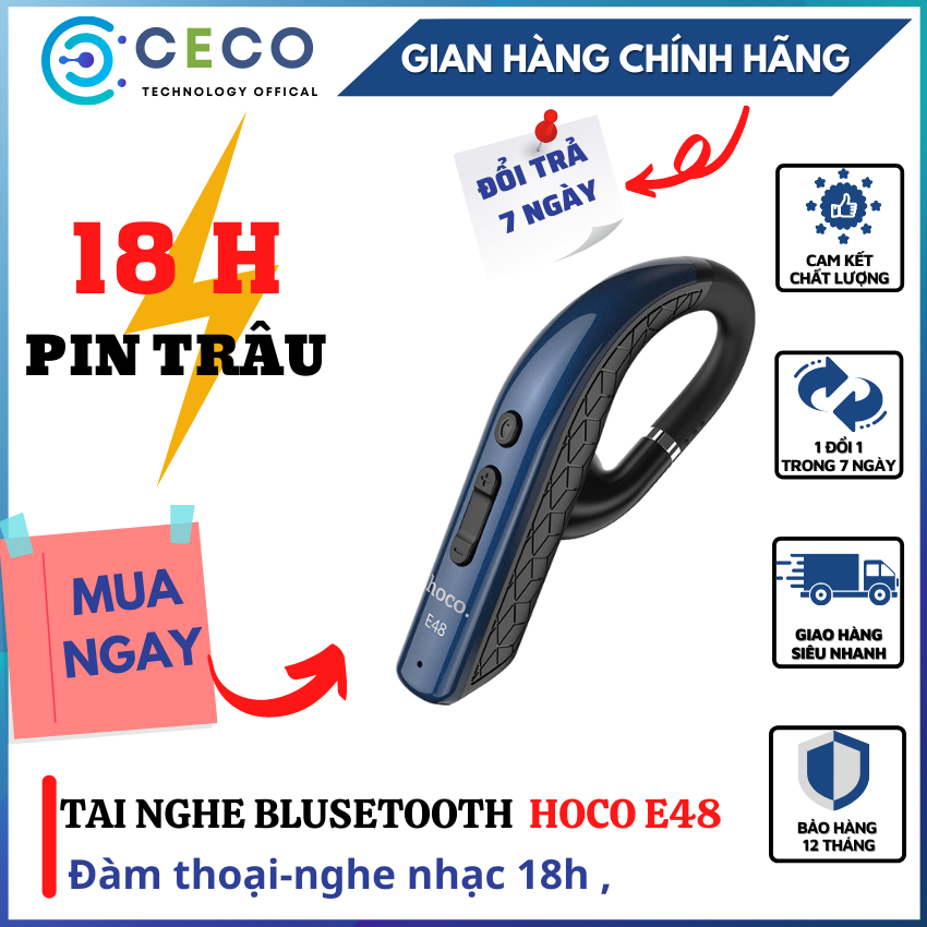 [CHÍNH HÃNG] TAI NGHE BLUSETOOTH HOCO E48-PIN TRÂU 18H-CECO.Tương thích các loại điện thoại-Gọn Nhẹ Thanh Lịch-Âm Thanh Sâu-Trầm-Nghe Nhạc Cực Hay-Đàm Thoại Cực rõ. Dành cho giới danh nhân-công nhân viên-vận động viên.