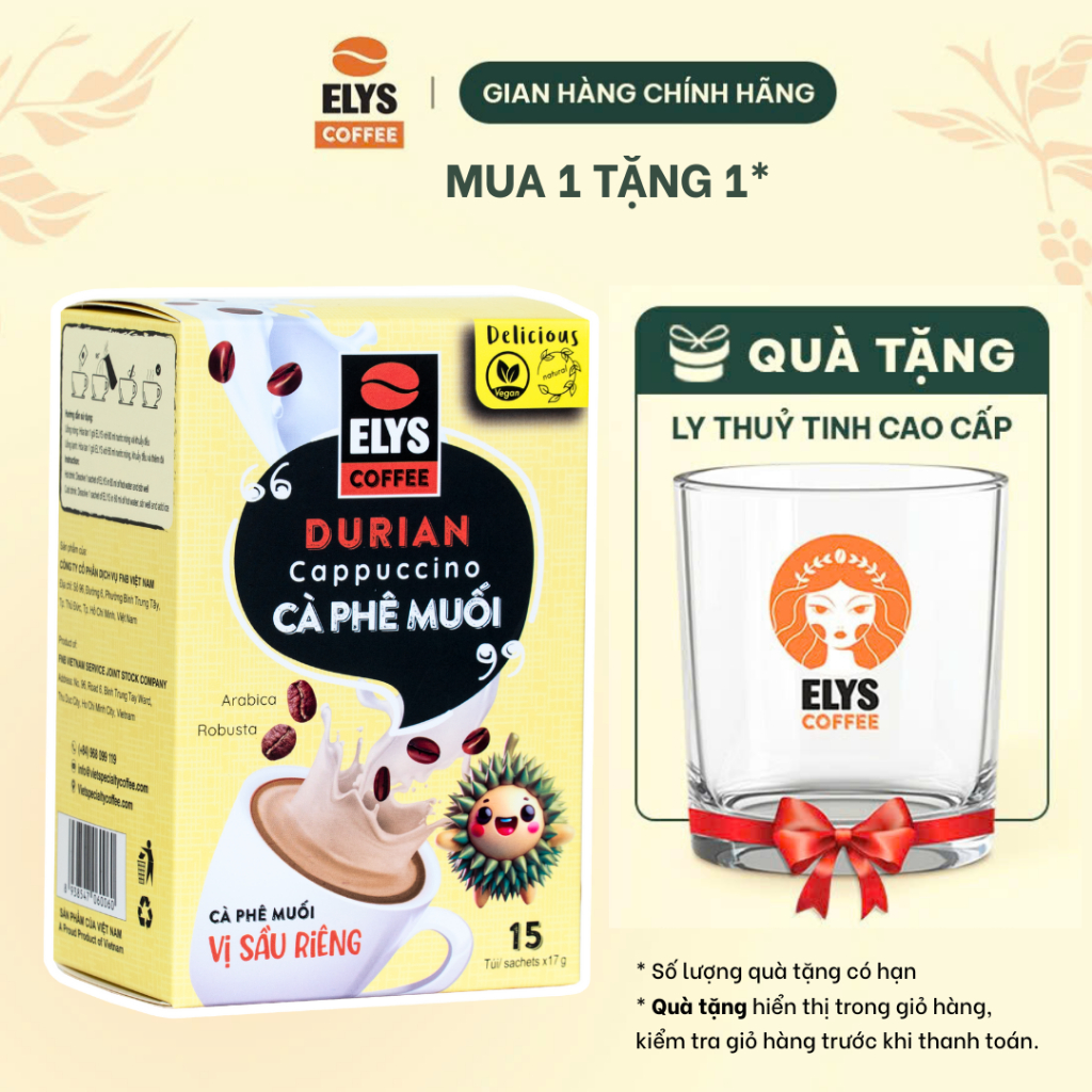 |Tặng 1 ly thuỷ tinh cao cấp| Elys Coffee - Cà phê hòa tan sầu riêng 3in1 -  Đậm vị, thơm riêng biệt - Hộp 255G x 15 túi