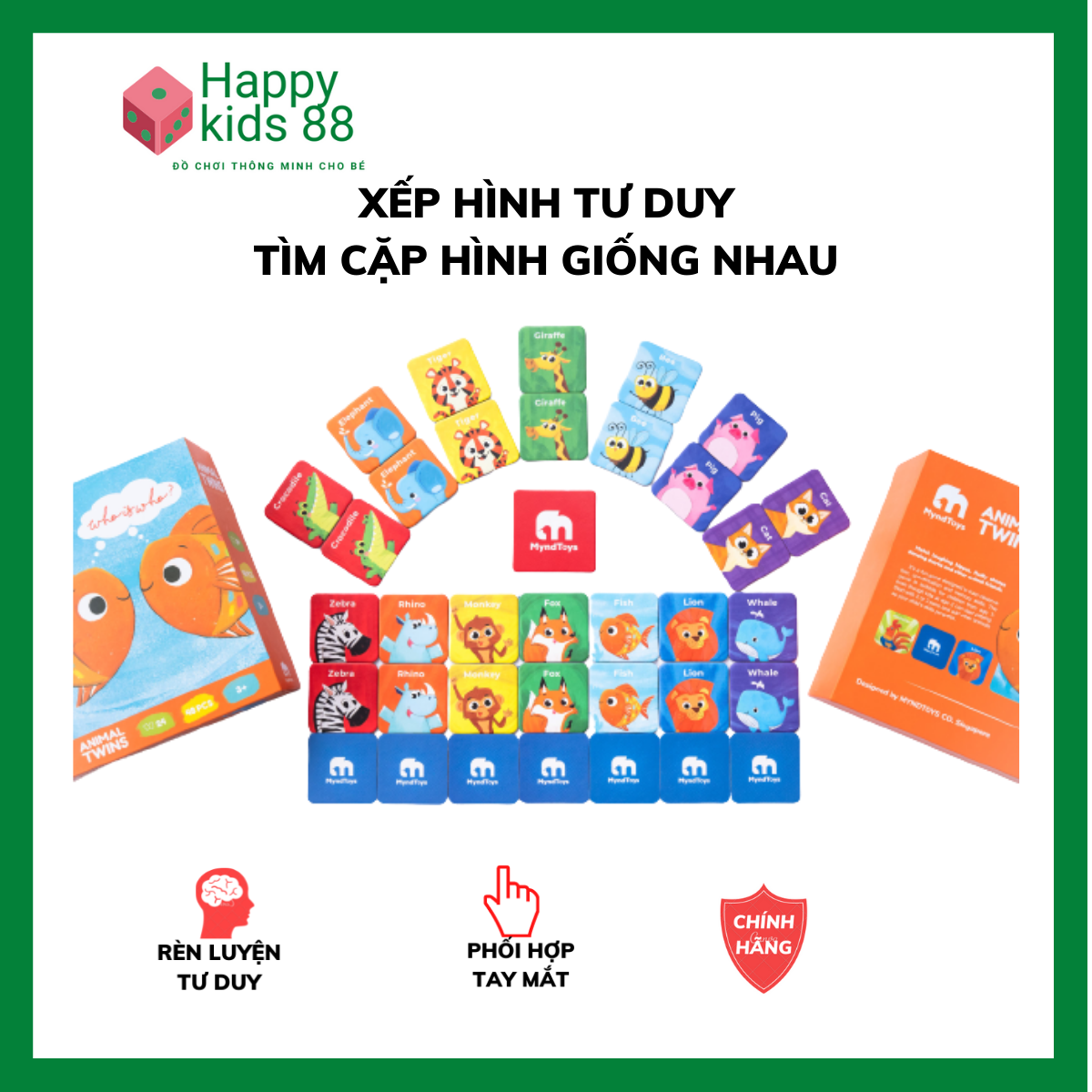Xếp hình cho bé đồ chơi trẻ em trí tuệ thông minh Animal Twins matching tìm cặp hình giống nhau chính hãng Myndtoys