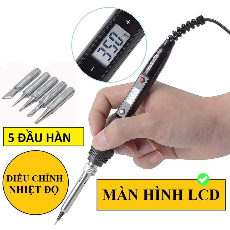 Tay Hàn Điều Chỉnh Nhiệt Độ N0 908S Công Suất 80W Tặng Kèm 5 Mũi Hàn Cắm Điện Dùng Trực Tiếp.