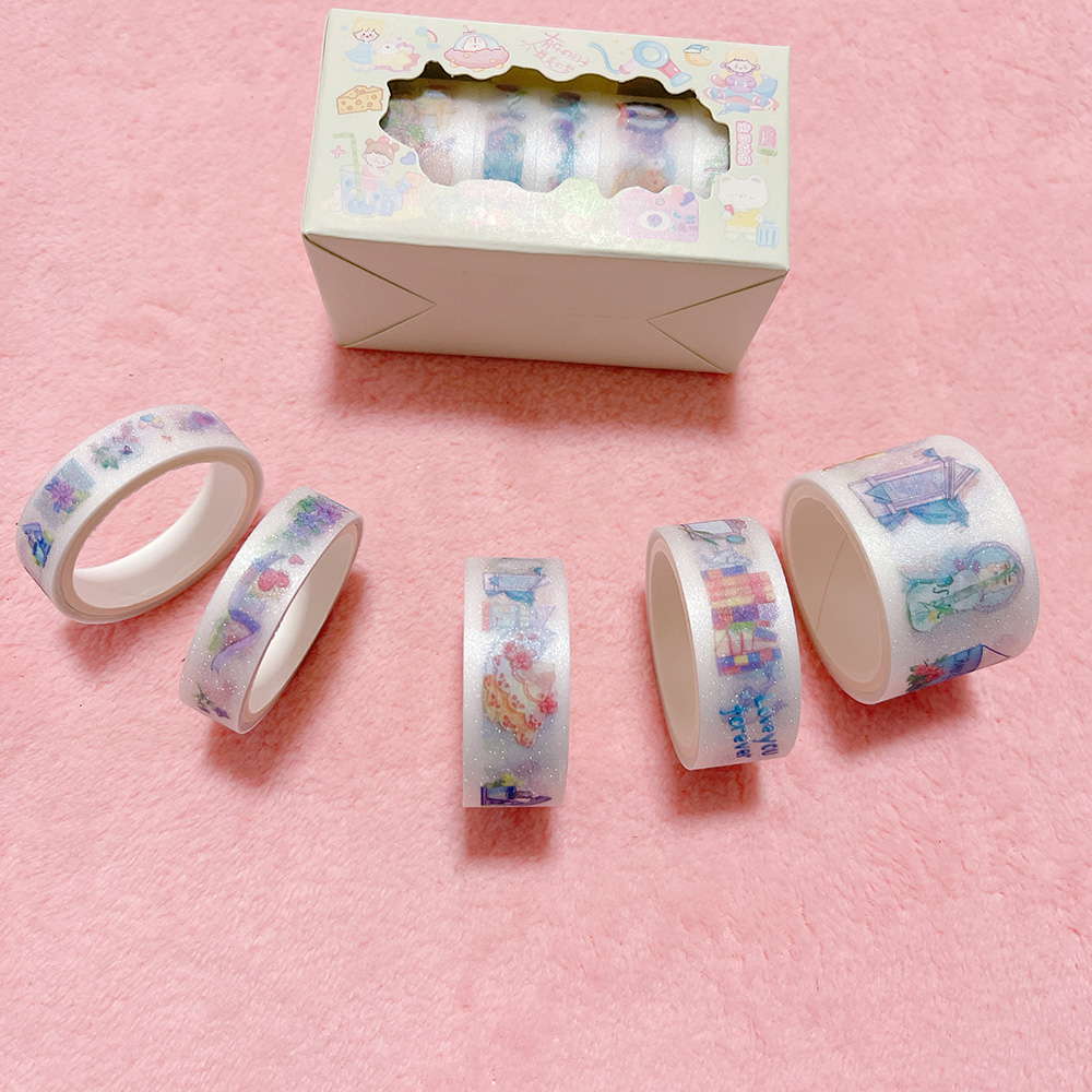 Combo bộ 5 washi tape mờ kim tuyến băng keo trang trí đủ kích cỡ