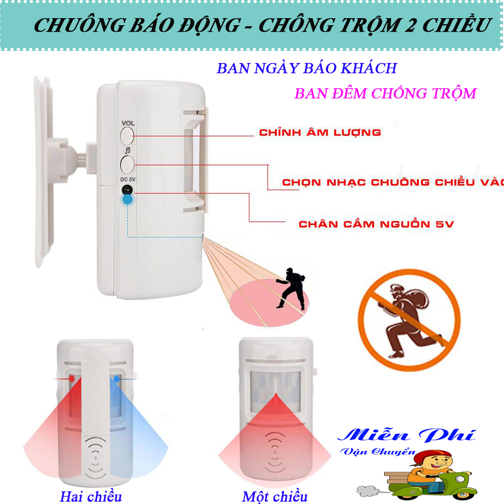 Chuông Chống Trộm, Chuông Chống Trộm Gắn Cửa, Chuông Báo Khách Chống Trộm. Chuông Báo Động 2 Chiều Cảm Ứng Hồng Ngoại, Ban Ngày Báo Khách Đến - Ban Đêm Chống Trộm Hiệu Qủa. Dễ Dàng Lắp Ráp & Cài Đặt. Bảo hành 1 đổi 1 . MUA NGAY !!!