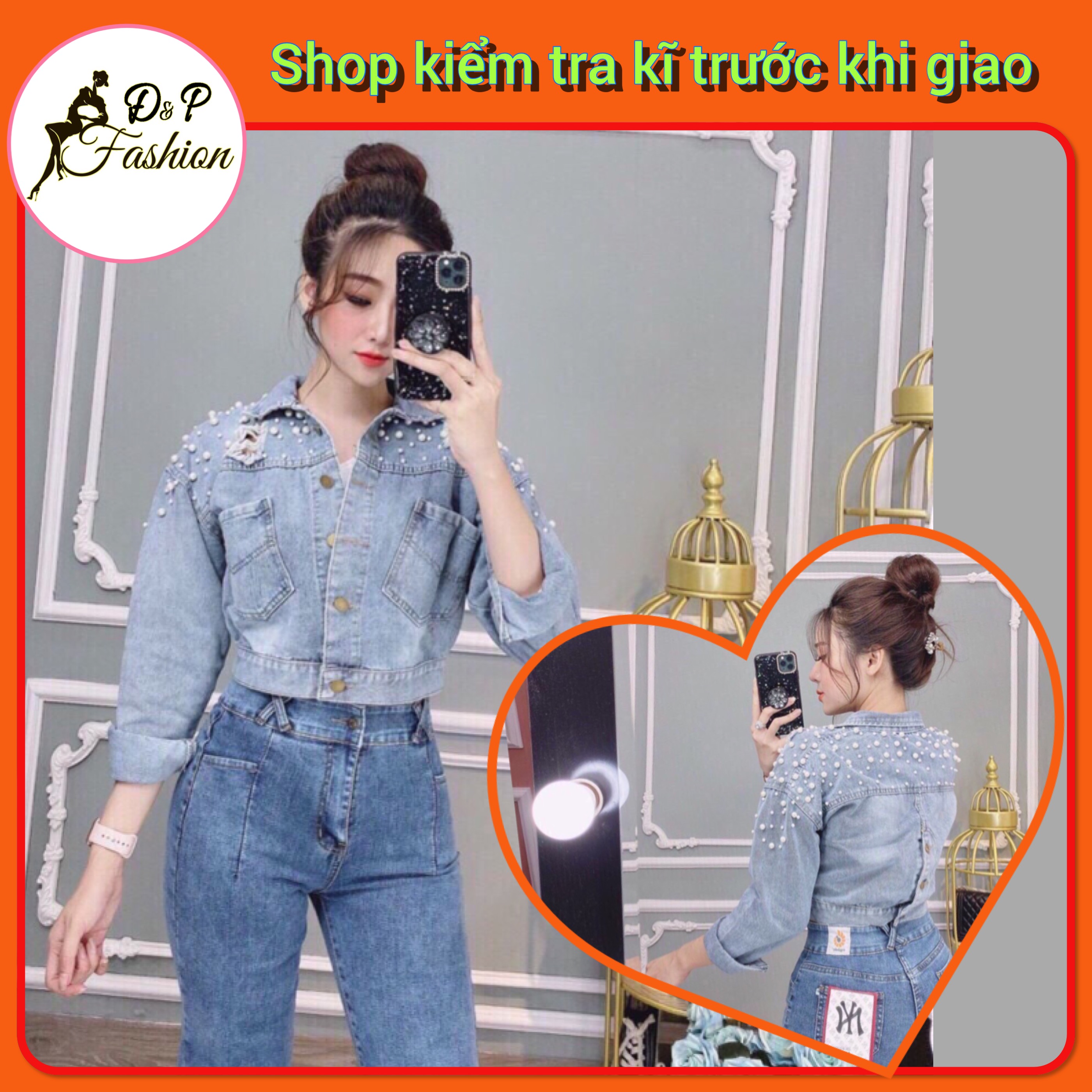 Áo Khoác Jean Cườm Đính Hạt Ngọc Trắng Siêu Sang Chảnh thời Trang Hottrend