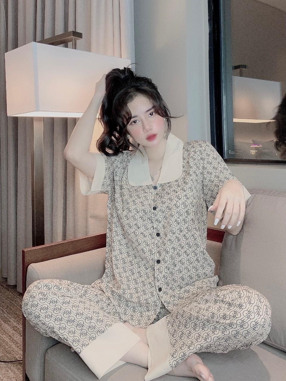Bộ pijama cao cấp chất lụa gấm tay cộc - quần dài , bộ lụa cổ sen tay dài
