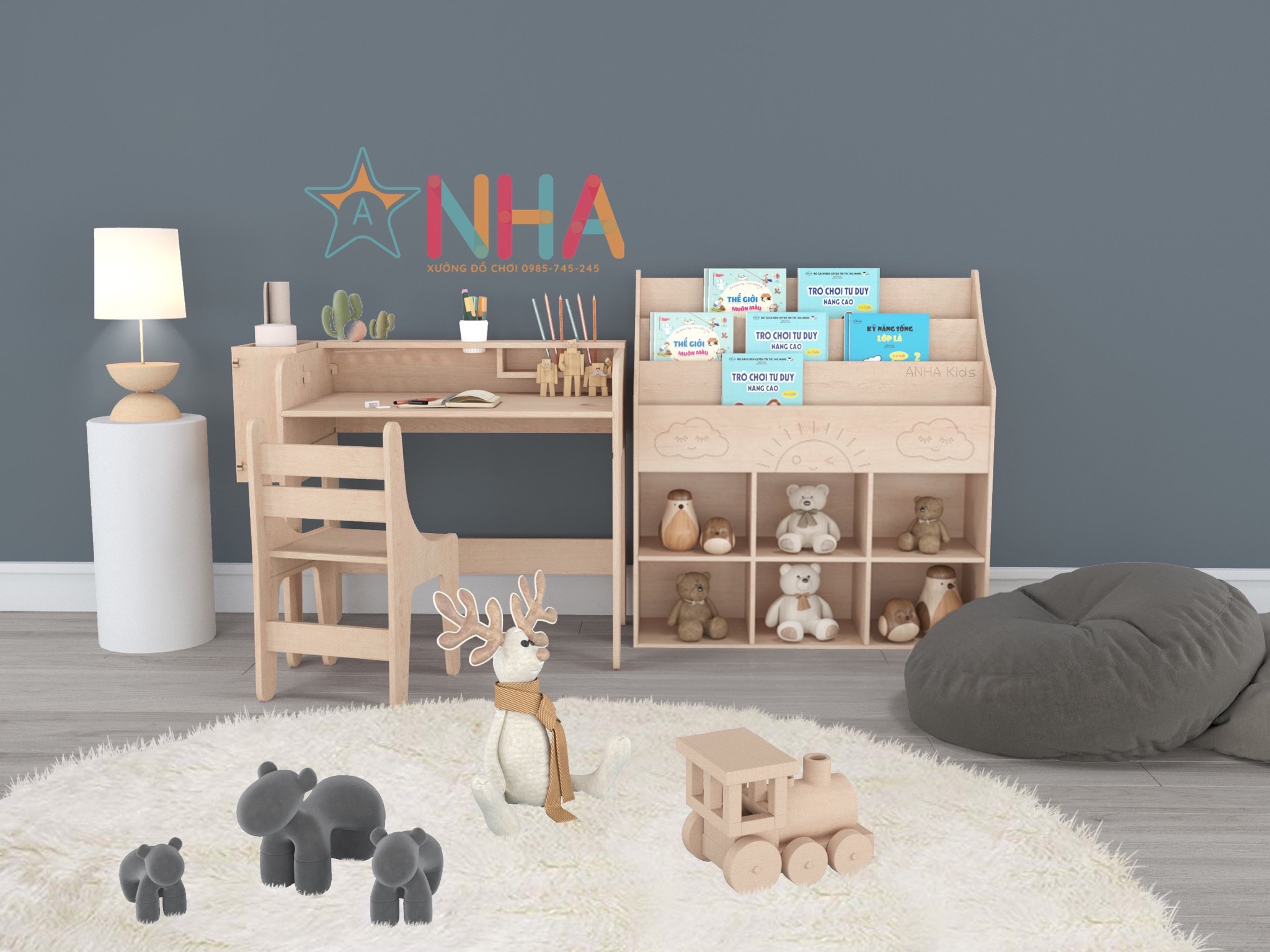 Kệ sách gỗ Montessori cho bé, kệ sách gỗ trẻ em kết hợp kệ đồ chơi, chất liệu gỗ plywood cao cấp an toàn