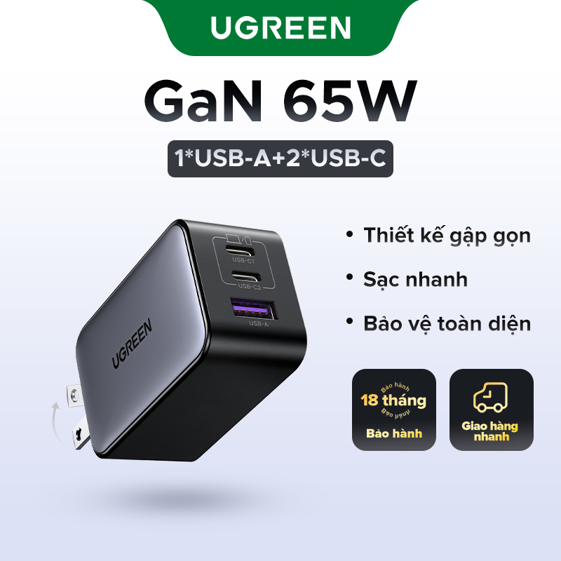  UGREEN GaN 65W 2C1A Củ Sạc - Củ Sạc Đa Năng 220V Tương Thích MacBook iPhone Samsung - Giao Hàng Nhanh 24H Bảo Hành 18 Tháng Model:10334 