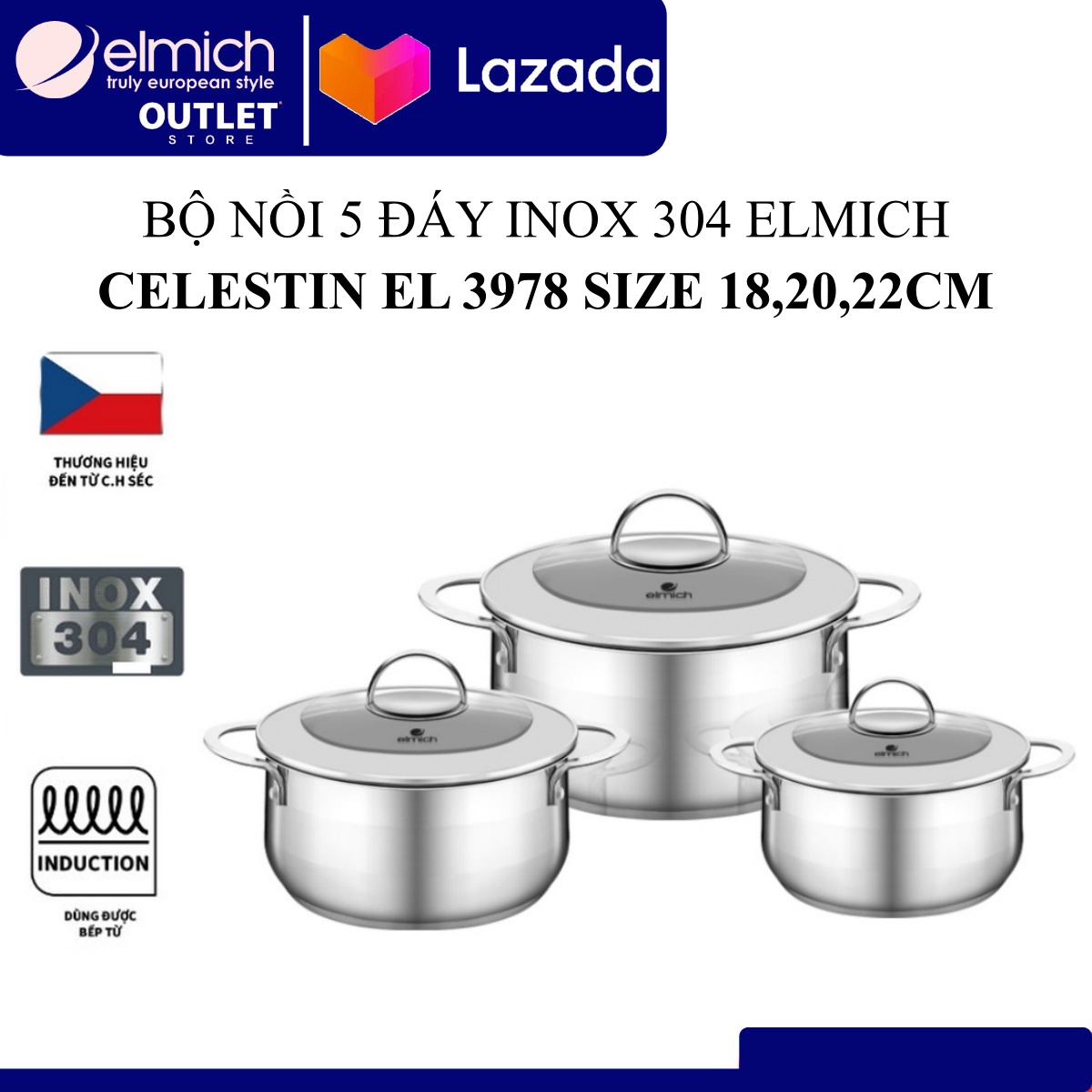 Bộ nồi 5 đáy inox 304 Elmich Celestine EL-3978 size 18,20,22cm