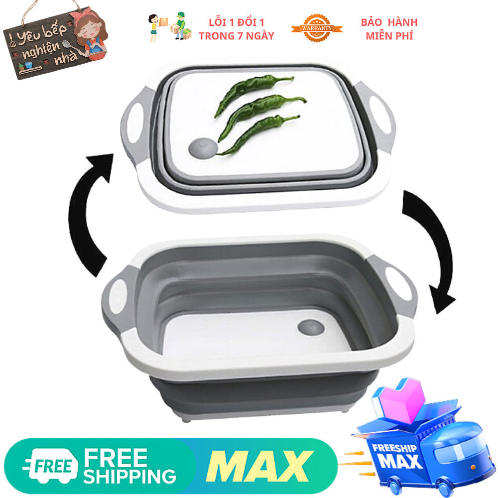 Chậu kèm thớt gấp gọn đa năng, thớt gấp gọn đa năng 3in1 - bộ thớt gấp gọn kèm thau rổ rửa hoa quả tiện lợi, chậu gấp gọn kèm thớt thông minh