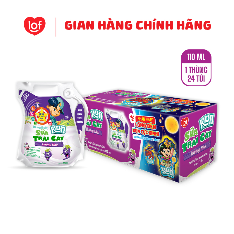 Sữa trái cây KUN vị nho thùng 24 túi x 110ml