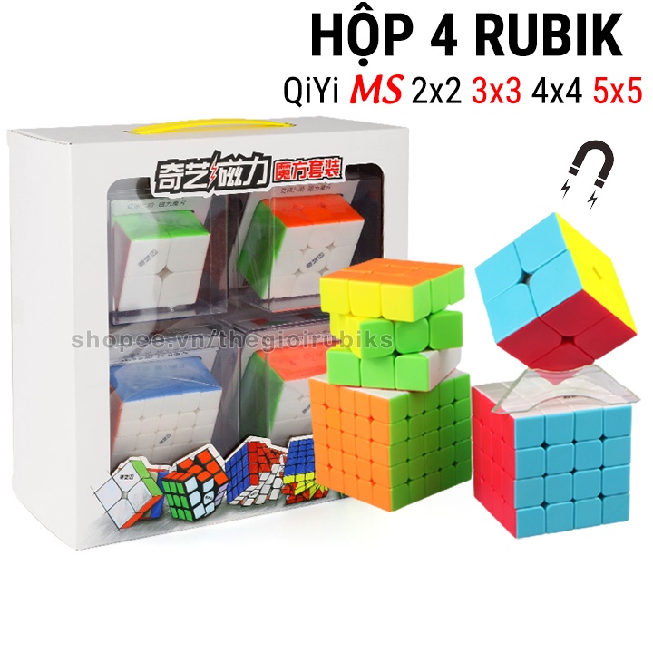 Hộp combo 4 rubik qiyi ms cube 2x2, 3x3, 4x4, 5x5 có nam châm cao cấp