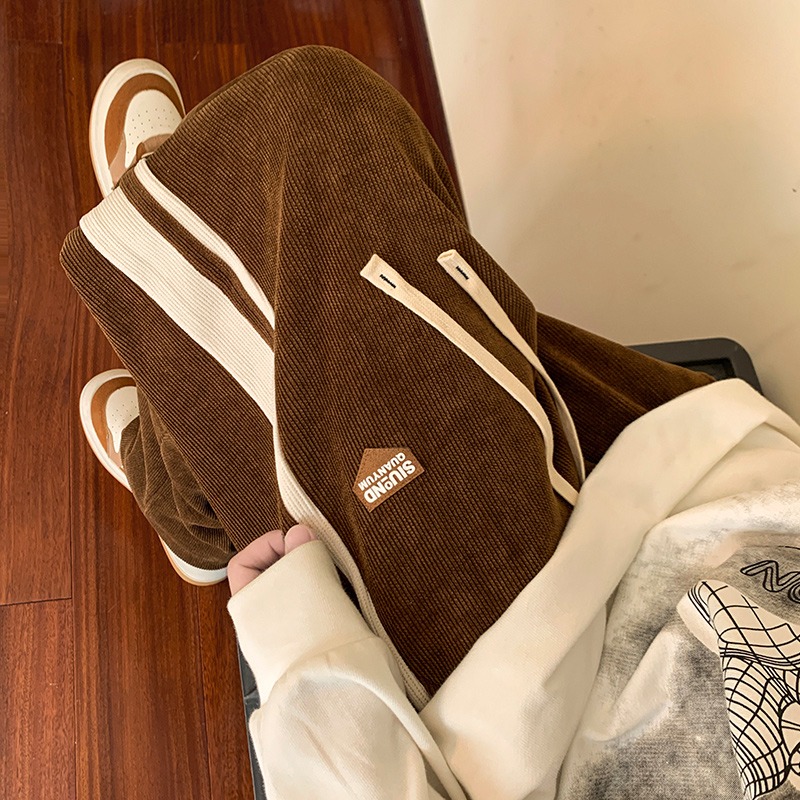 Quần ống rộng nhung tăm Unisex quần dài cạp chun mác da SIUOND có dây rút điều chỉnh eo vải co dãn dày dặn mặc 4 mùa