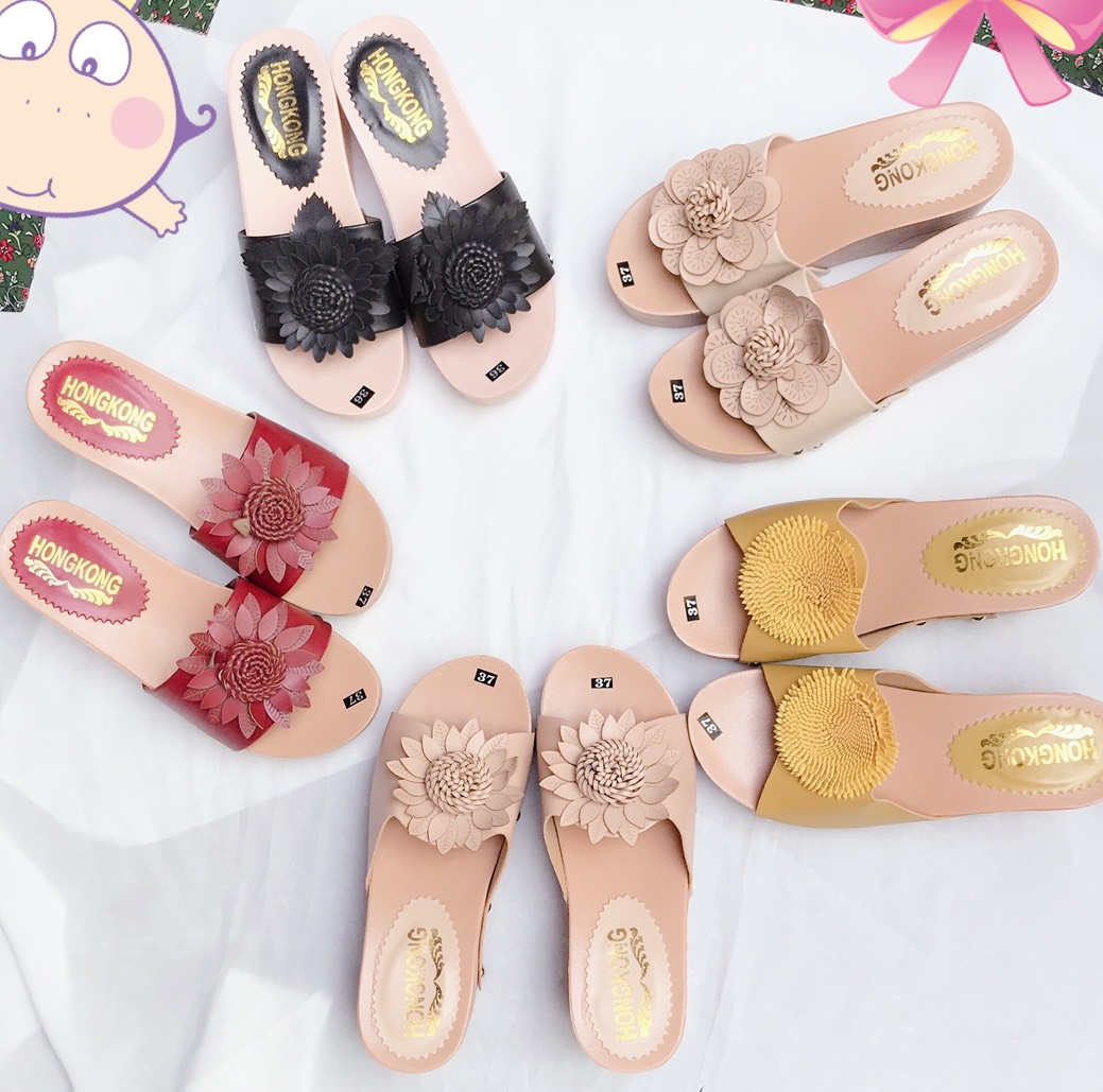 Dép đế xuồng quai ngang bản to hoa cúc