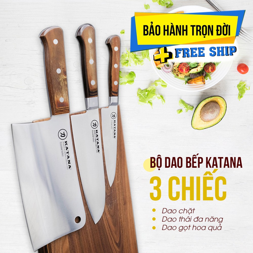 Bộ 3 chiếc dao bếp cao cấp thương hiệu katana essential - dao chặt - dao thái - dao gọt hoa quả - kata205-201-204