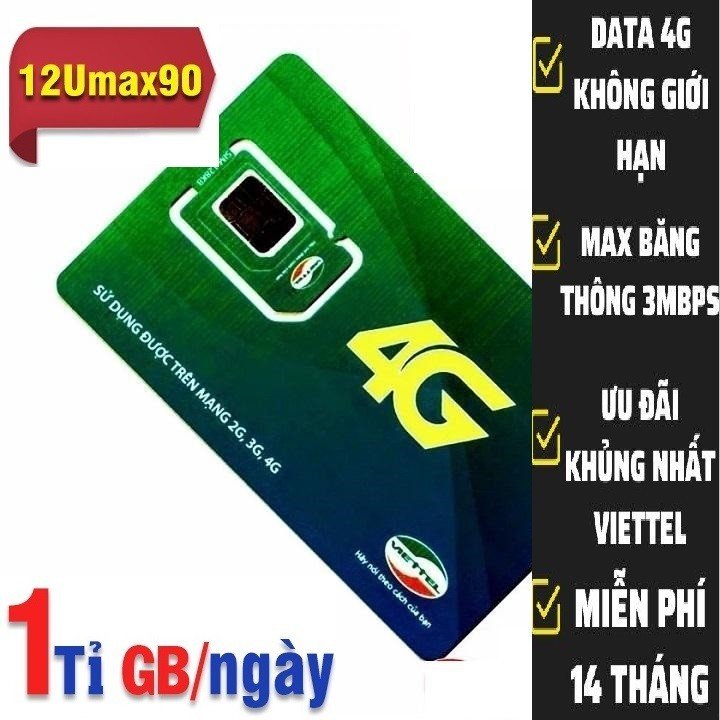 FREESHIP - CHƯA KÍCH HOẠT. Sim 4G Viettel 12UMAX90 Trọn gói 1 năm không cần nạp tiền điện thoại. Lướt web thả ga từ MƯỜNG THANH ROYAL