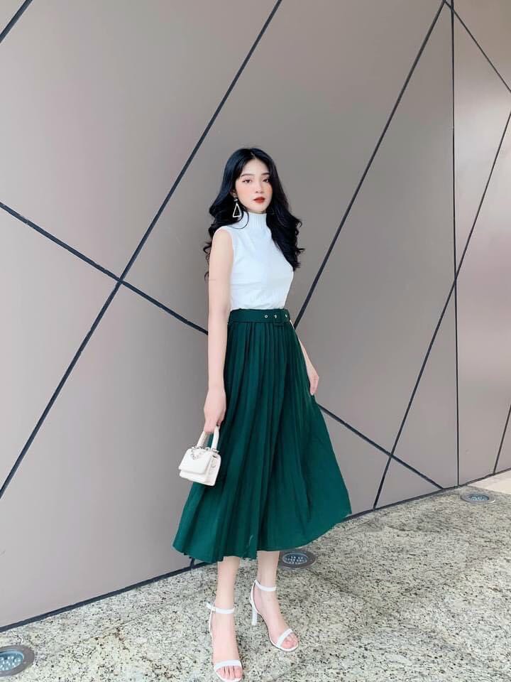 Chân váy- chân đầm nữ dài MIDI xếp ly kèm đai siêu hot