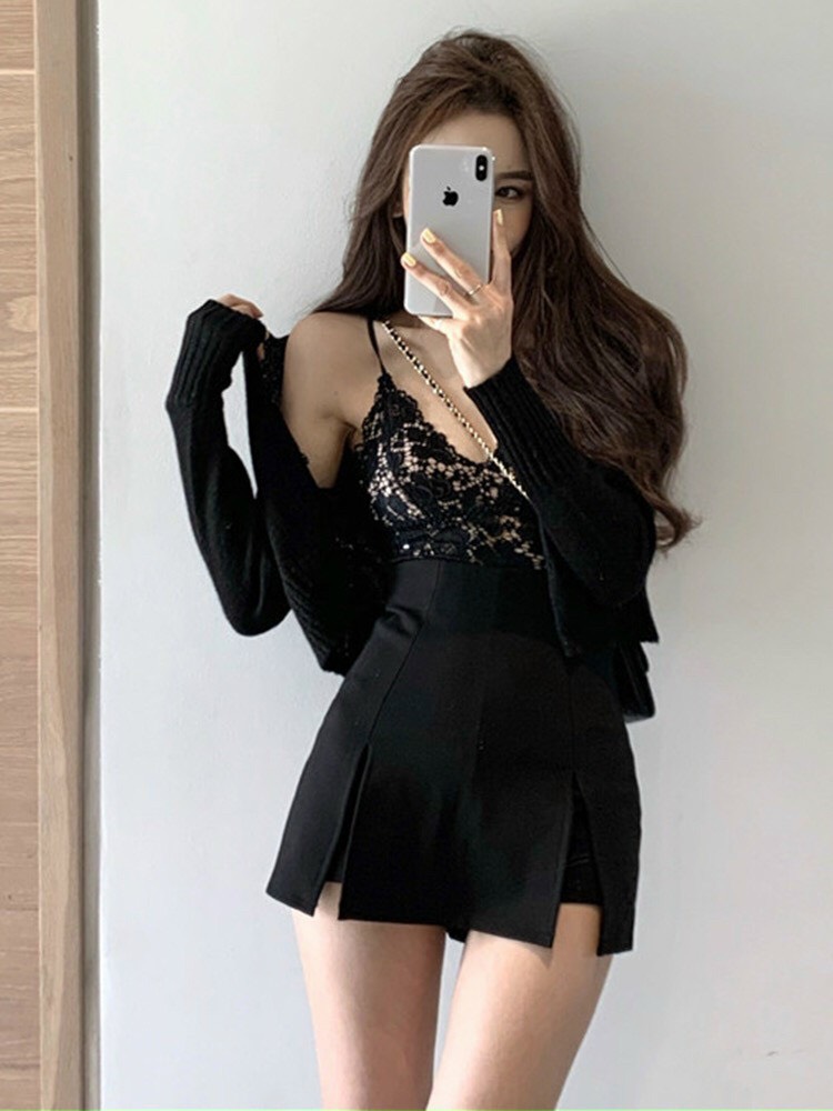 Chân váy nữ cạp cao xẻ 2 bên đùi kèm quần form đẹp dưới 52kg