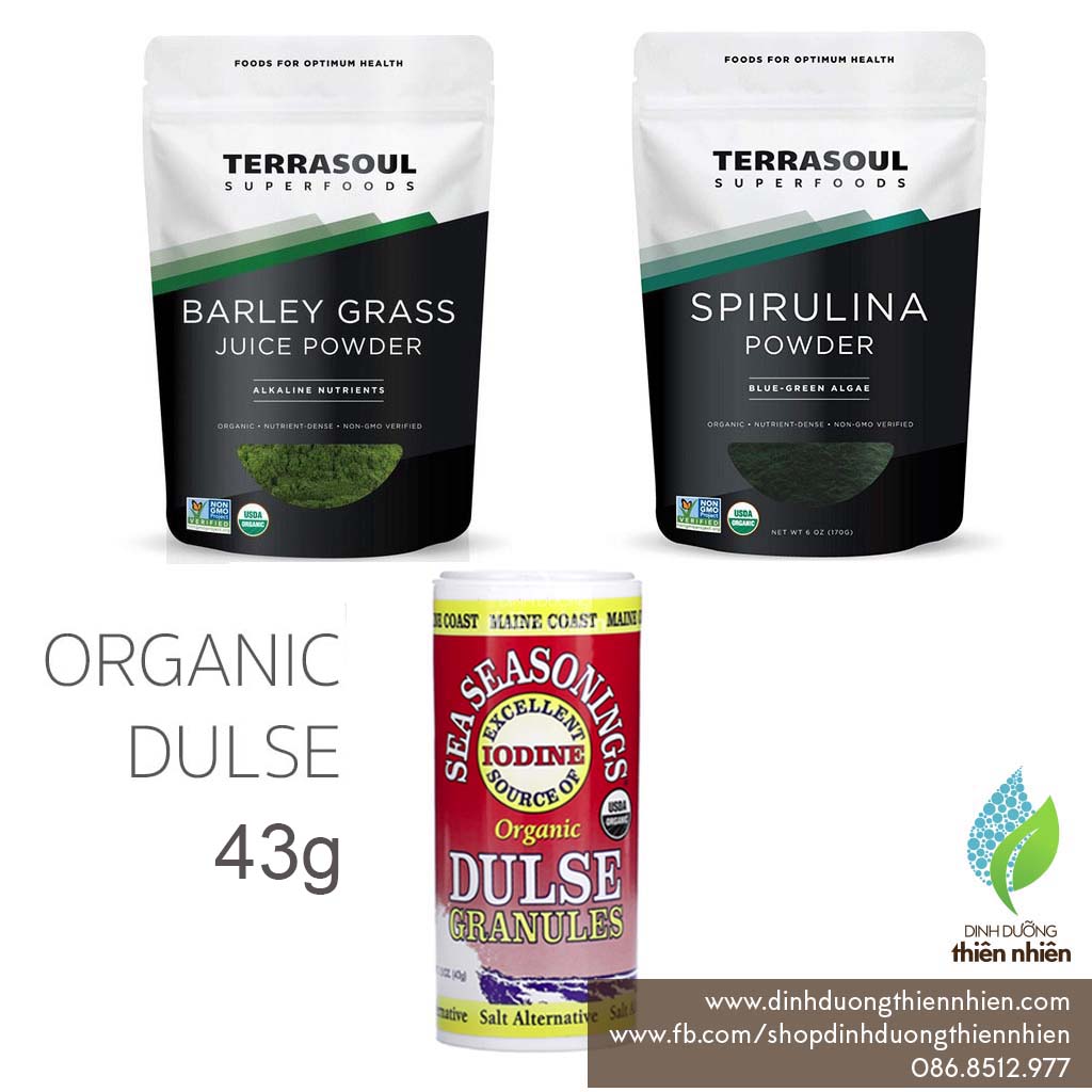 Combo 3 Món: Tảo Biển Dulse Nhuyễn 43g, Bột Tảo Spirulina Hữu Cơ, Bột Nước Ép Cỏ Lúa Mạch (Đại Mạch Barley Grass) Hữu Cơ Terrasoul