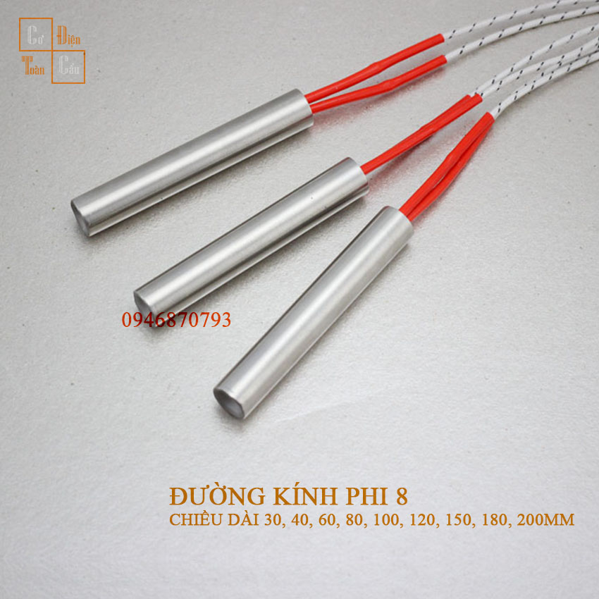 Phi 8 điện trở 1 đầu, điện trở đầu khuôn, que gia nhiệt, ti nhiệt, điện trở khô 1 đầu, điện trở đốt nóng