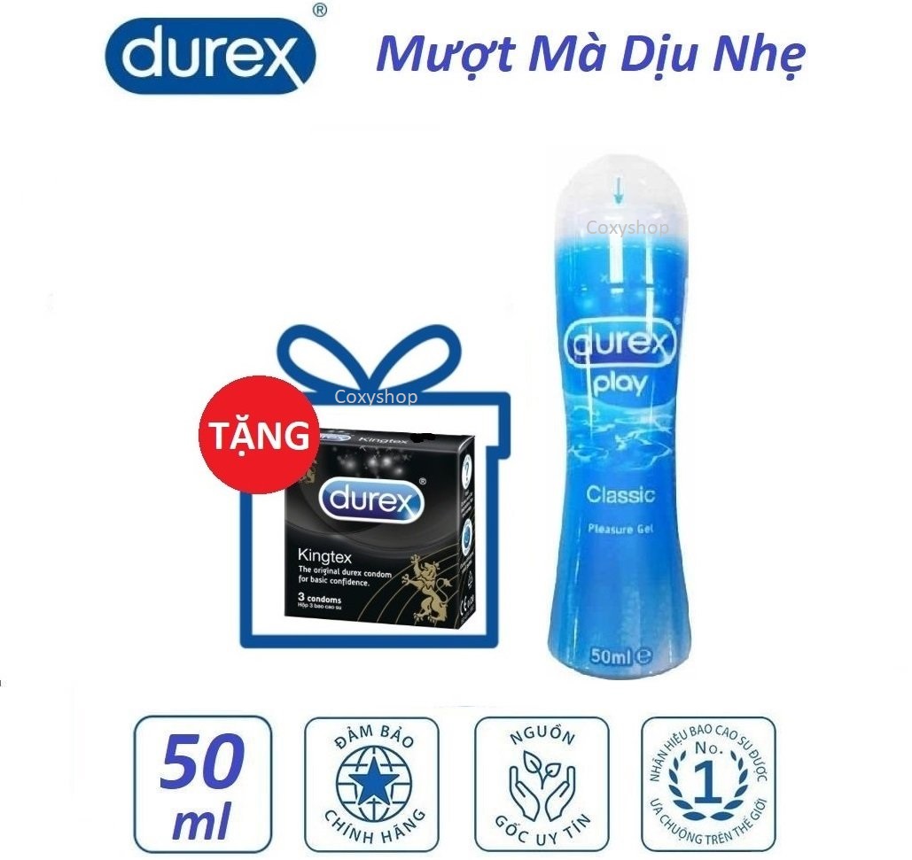 Bộ 1 chai gel bôi trơn Durex Classic 50ml tặng 1 hộp bao cao su Durex Kingtex 3c
