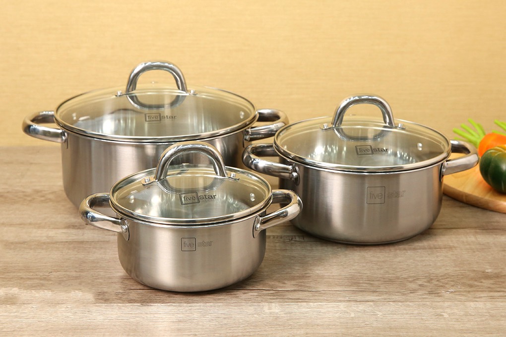 Bộ nồi inox fivestar standard 3 chiếc, 3 đáy nắp kính.tặng 1 vá canh inox