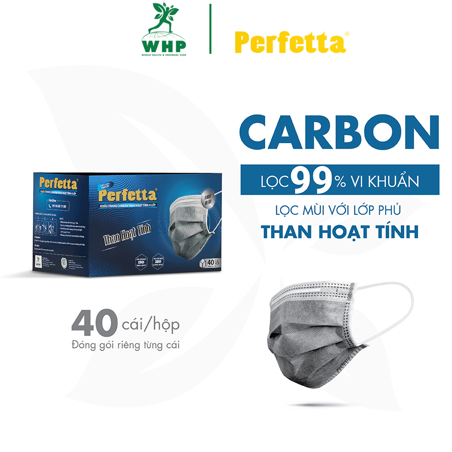  Khẩu Trang Y Tế Cao Cấp Perfetta Carbon 4 lớp  40 cái hộp   ,Lọc Bụi Mịn PM 2.5 