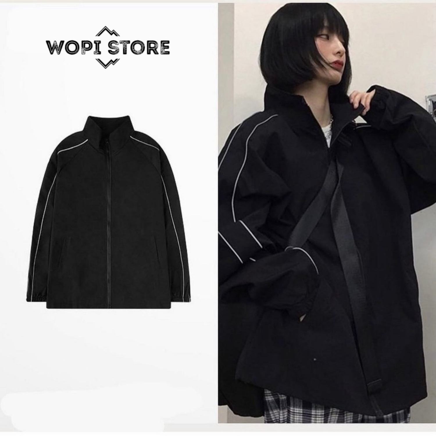 Áo Khoác Dù Dây Kéo Phối Viền Tay Phản Quang Form Rộng Ulzzang Unisex