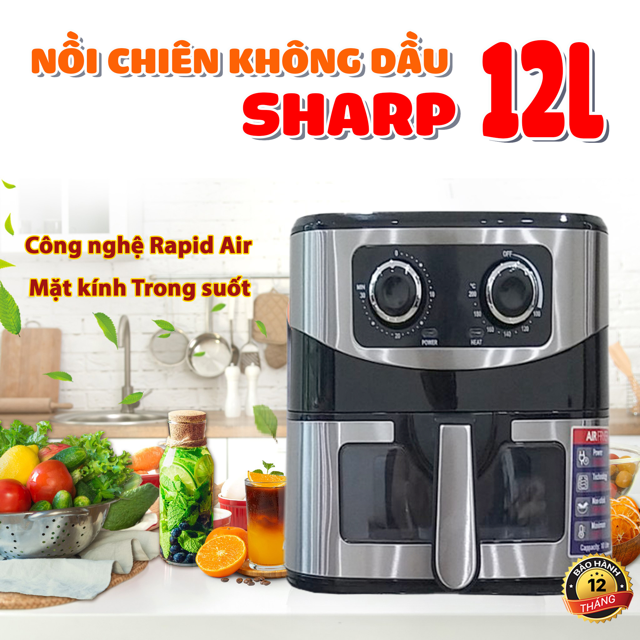Nồi chiên không dầu sharp 12 lít - bản có kính - nồi chiên 12l - bếp chiên không khí - nồi chiên 12l