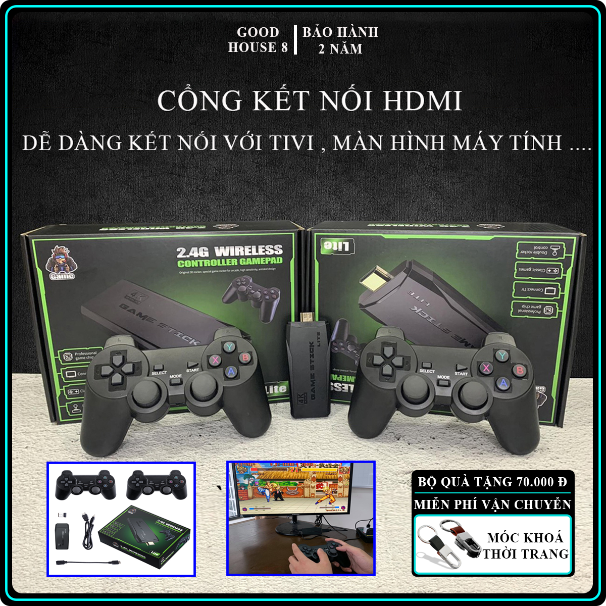 Máy chơi game cầm tay tích hợp 3500 trò chơi kết nối HDMI cùng tay cầm không dây cho trải nghiệm hình ảnh và âm thanh sống động. Bảo hành 2 năm