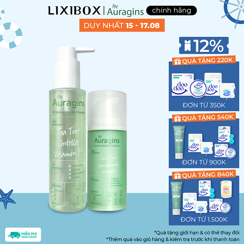 Combo gel rửa mặt làm sạch sâu cho da dầu mụn the auragins và gel dưỡng ẩm ngừa mụn, giảm thâm
