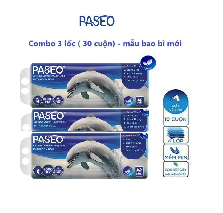  Combo 3 lốc Giấy vệ sinh Paseo Dolphin 10 cuộn 4 lớp siêu mịn hoa văn cá heo độc đáo 