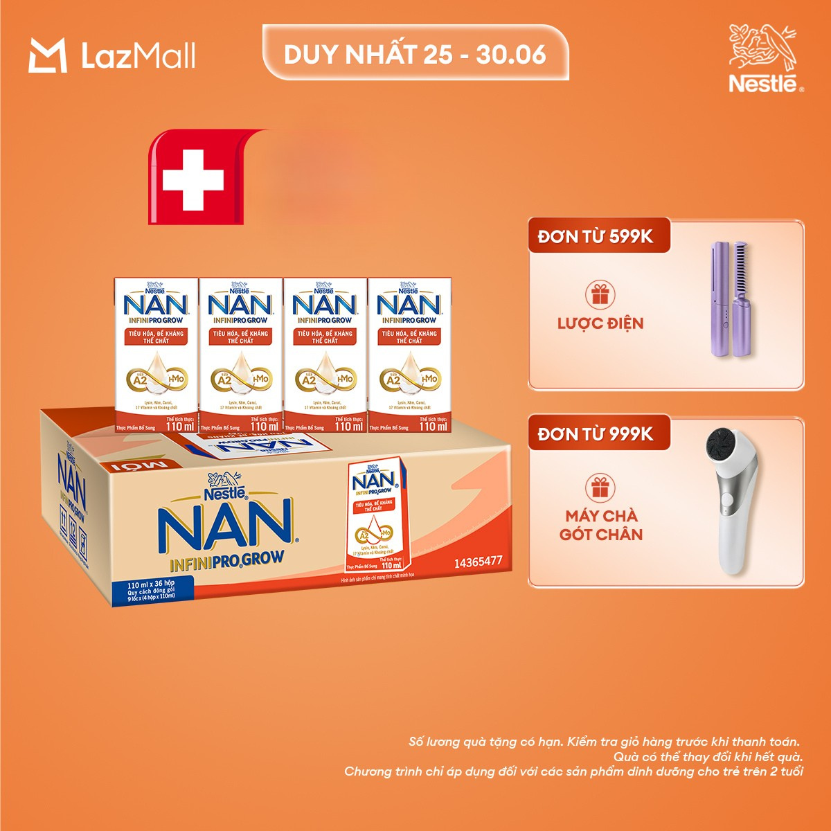 [Chỉ 25-30.06 QT Đơn 599K/999K] Thùng 36 hộp sữa pha sẵn Nestle NAN INFINIPRO GROW với công thức vượt trội kết hợp sữa A2 và HMO hỗ trợ tiêu hóa, đề kháng và phát triển thể chất (4x110ml)