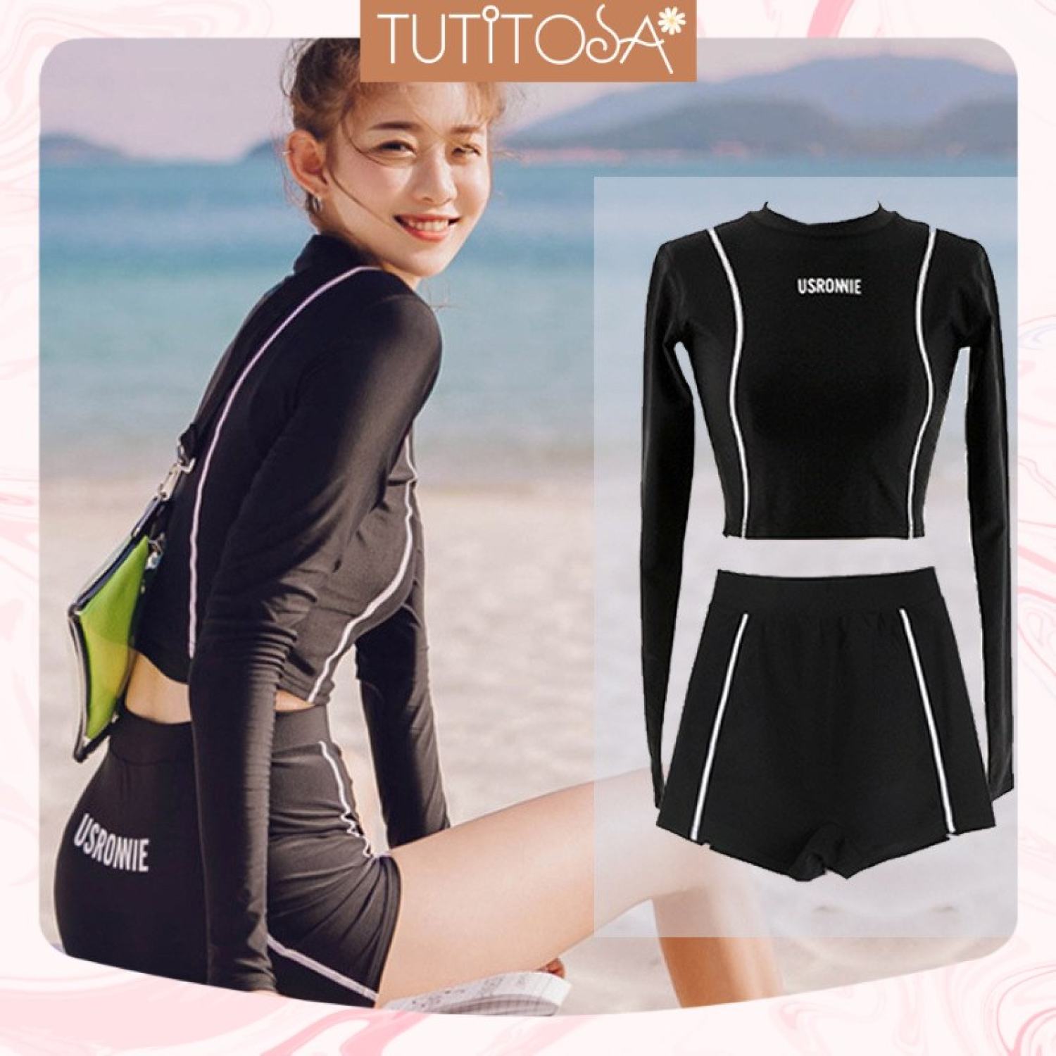 Đồ bơi bikini tay dài nữ quần đùi cạp cao USRONNIE