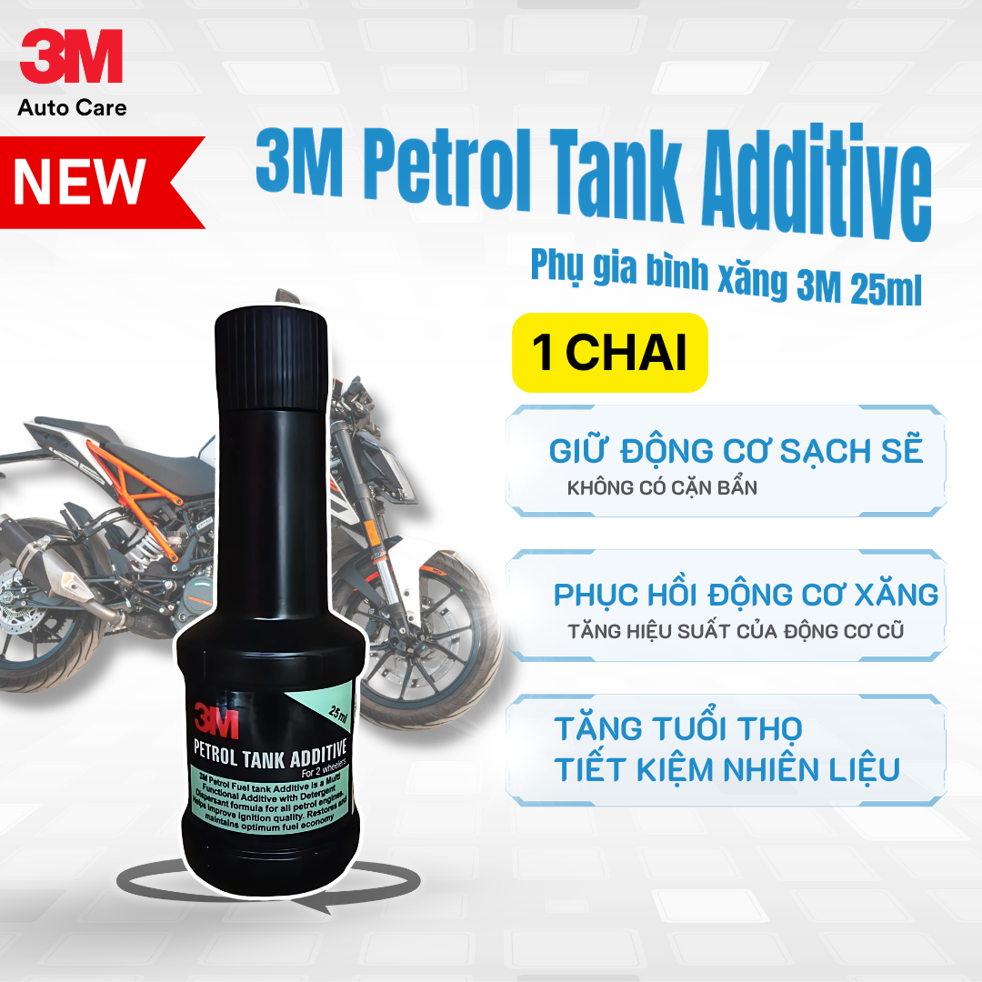 Phụ Gia Xăng Cho Xe máy 3M, Petrol Tank Additive 25 ml - Khắc phục tình trạng tiêu hao nhiên liệu, khó khởi động, dễ tắt máy.