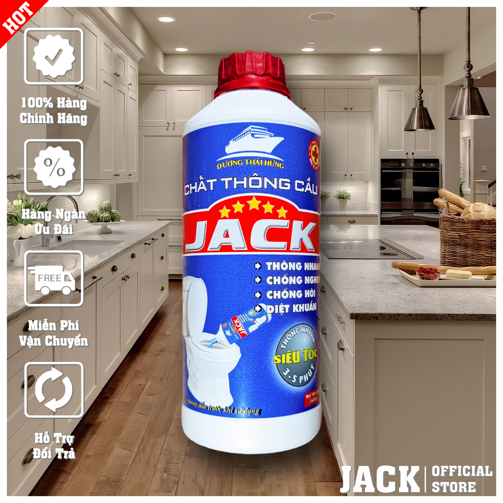 Chất Thông Bồn Cầu, Thông Cống Loại Cực Mạnh, Thông Tắc Nhanh Chóng Jack 1600ml