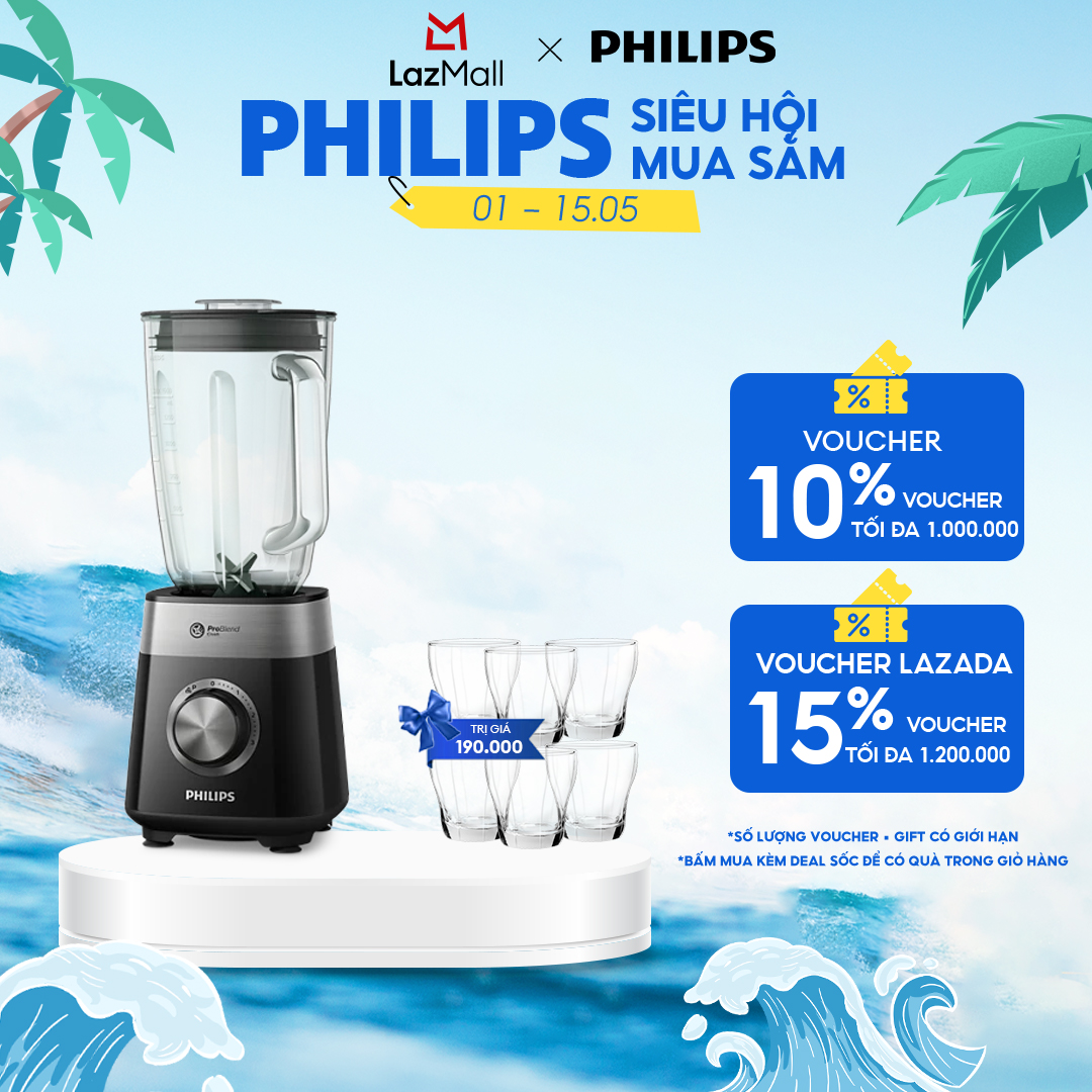 Máy Xay Sinh Tố Philips HR2228/90 |800W | lưỡi dao 6 cánh |Cối thủy tinh - Hàng Chính Hãng