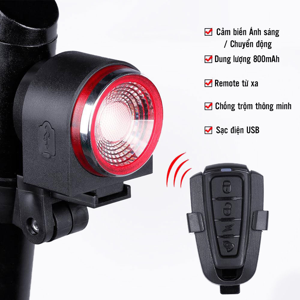 Đèn báo động chống trộm cho xe đạp đèn hậu đèn phanh với cảm biến thông minh điều khiển không dây cảnh báo mất trộm an toàn tiện dụng kavisota