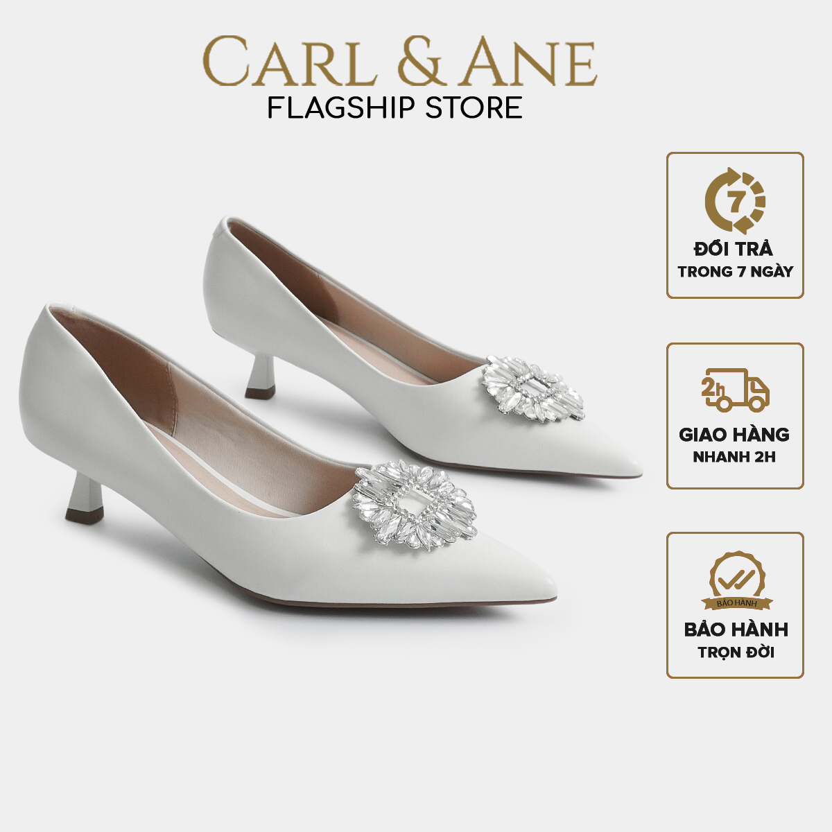 Carl & Ane - Giày cao gót mũi nhọn đính đá sang trọng dự tiệc cao 4cm màu trắng - WD005