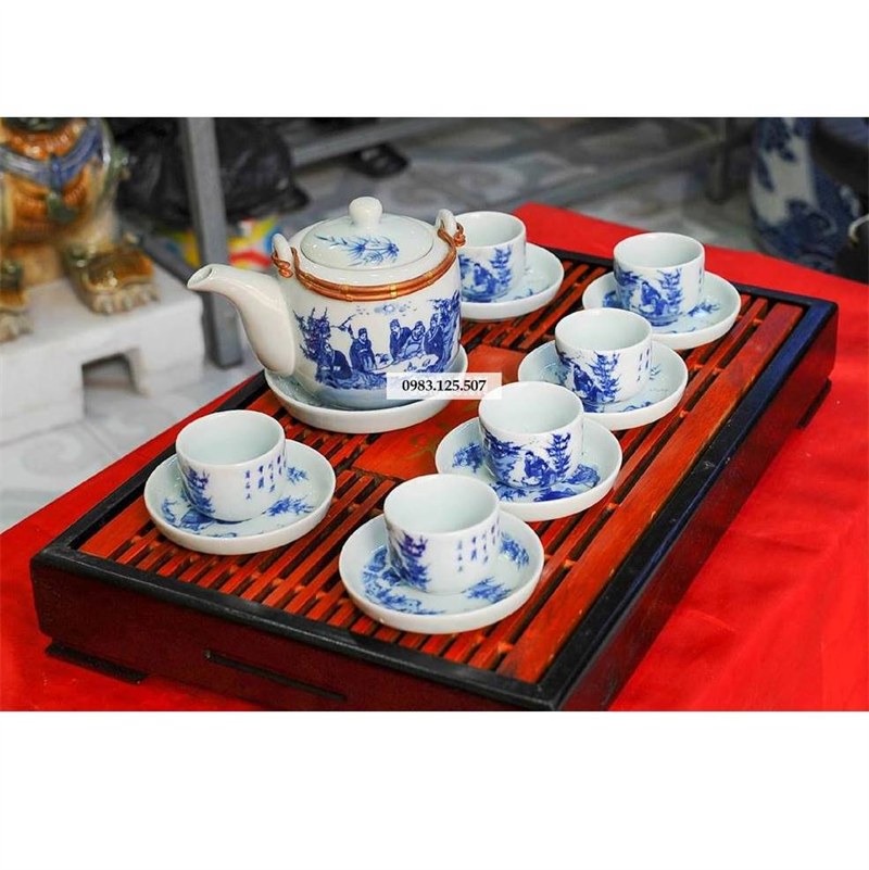 Bộ ấm chén men lam ''vinh hoa'' - vẽ trúc lâm thất hiền