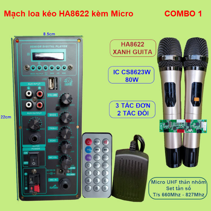 Mạch loa kéo ha8622 xanh guitar ic cs8623e 80w kèm micro