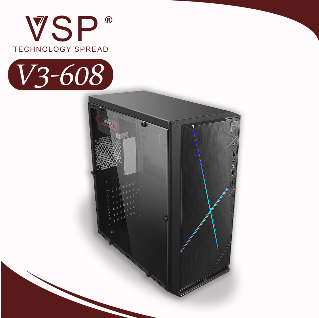 Vỏ case máy tính vsp v3 608 trong suốt có led rgb mẫu cực đẹp thùng máy tính siêu bền mẫu đẹp bán chạy