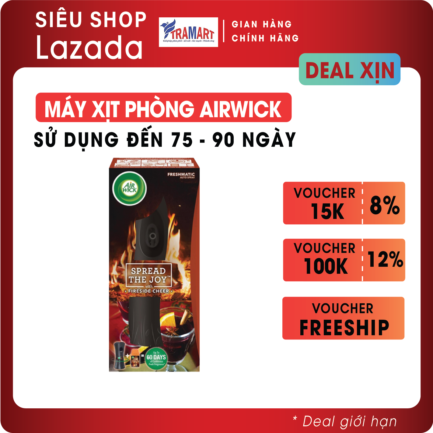 Máy xịt thơm phòng tự động Airwick AWK8428 Fireside Cheer 250ml