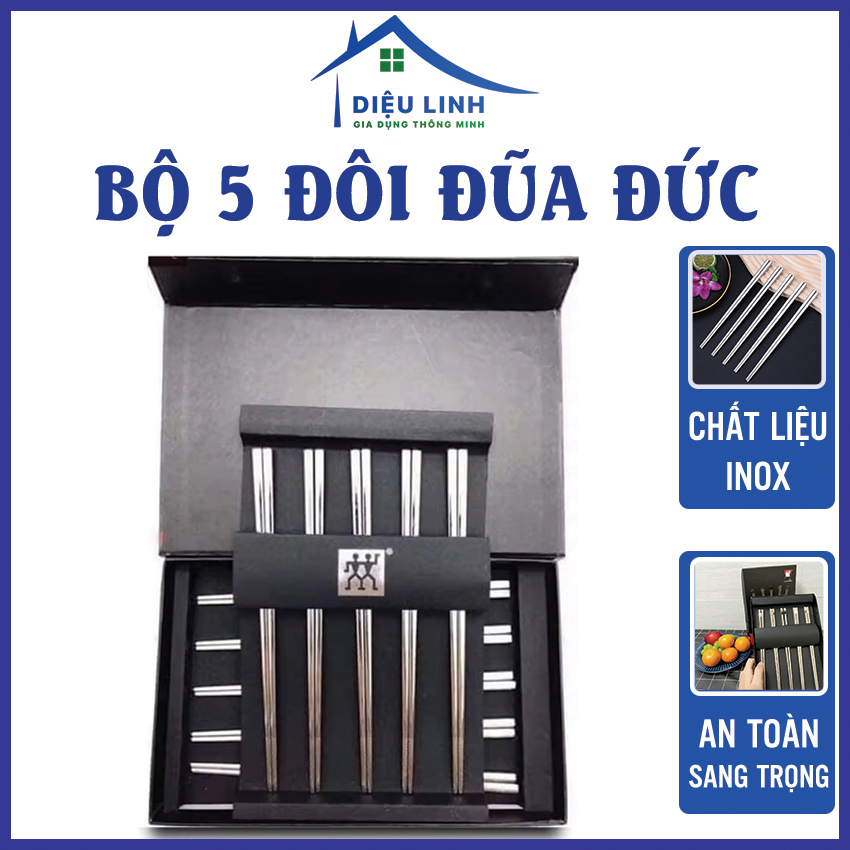 Bộ 5 Đũa Đức, Đũa Inox Sang Trọng Cho Gia Đình, Hộp 5 Đôi Đũa Inox 304 Cao Cấp Kèm Hộp, Đũa Chống Trơn Trượt Của Đức Dieulinhshop