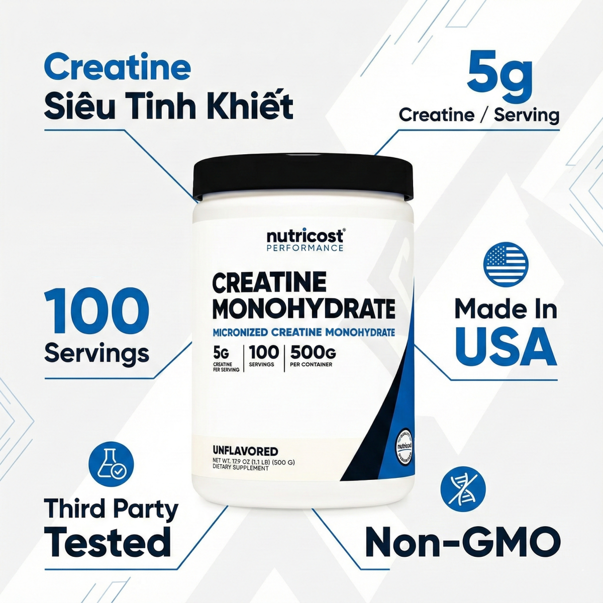 Bột Tăng Sức Mạnh và Phát Triển Cơ Nutricost Creatine Monohydrate 500g