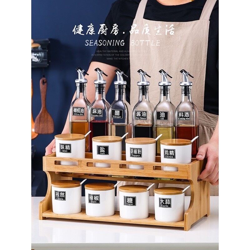 [ Hàng có săn] Bộ Đựng Gia Vị Gốm Sứ Kèm Thìa Sứ Và Miếng Dán