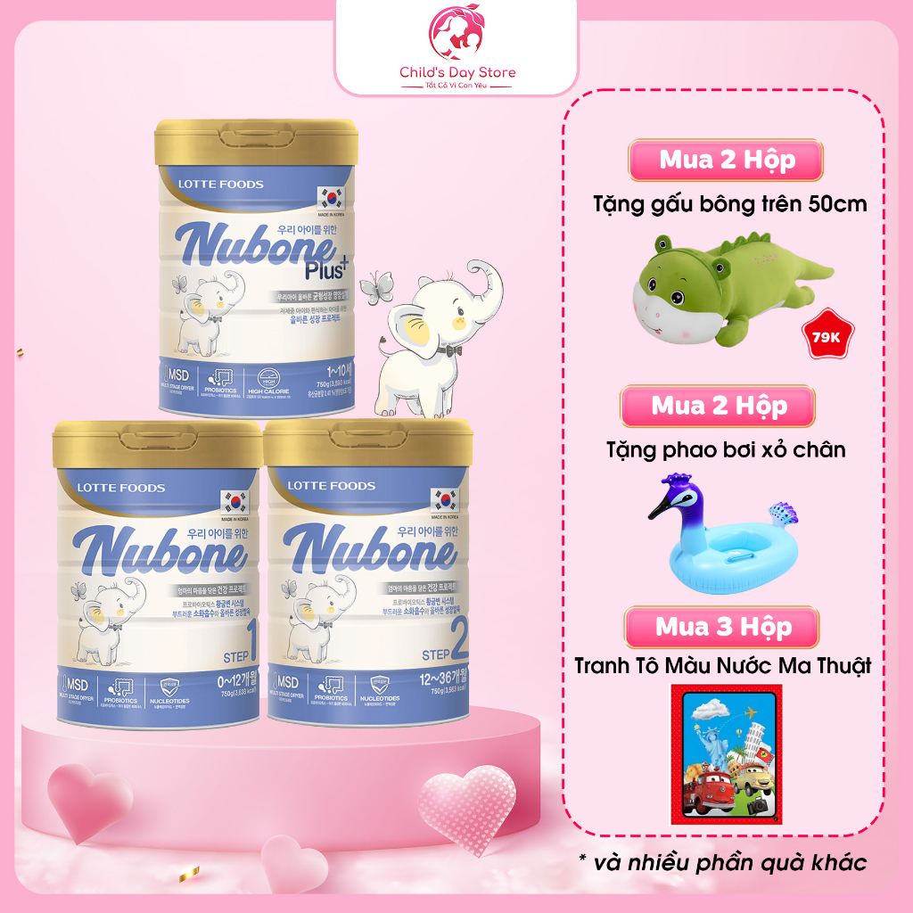 Date mới- Quà tặng Sữa bột Nubone Step 1,2,Plus+ lon 750g cho bé. Nhập