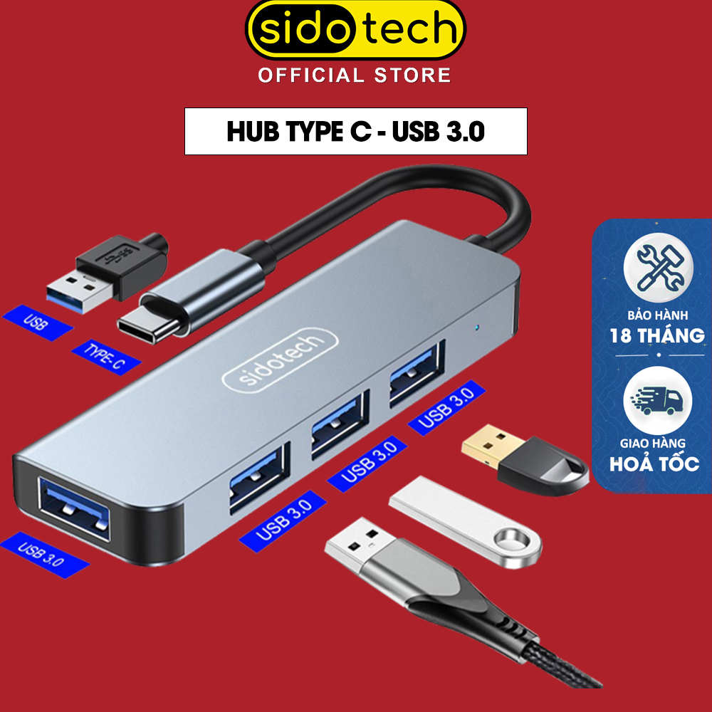 HUB Type C và HUB USB 3.0 tốc độ cao 4 in 1 Sidotech bộ chia cổng usb mở rộng kết nối chuyển đổi cho Macbook Pro Laptop PC hỗ trợ sạc pin kết nối đa năng ổ cứng bàn phím chuột máy in, thiết bị ổ chia usb - Hàng chính hãng