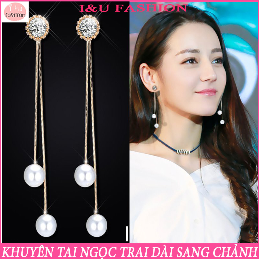 Khuyên tai Bông tai dáng dài ngọc trai có đính đá gồm 2 sợi dài và ngắn độc đáo thời trang phong cách Hàn quốc KT-74