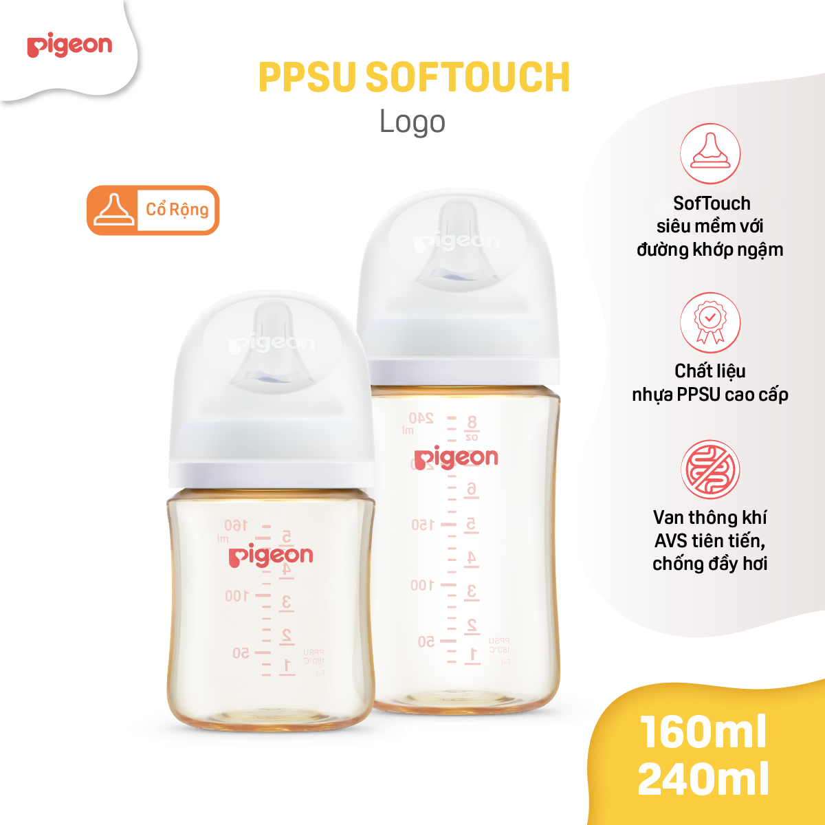 [PPSU] Bình sữa chống đầy hơi Pigeon cổ rộng cho bé sơ sinh núm ti siêu mềm chống sặc cho trẻ 160ml/240ml chính hãng - Hoạ Tiết Logo